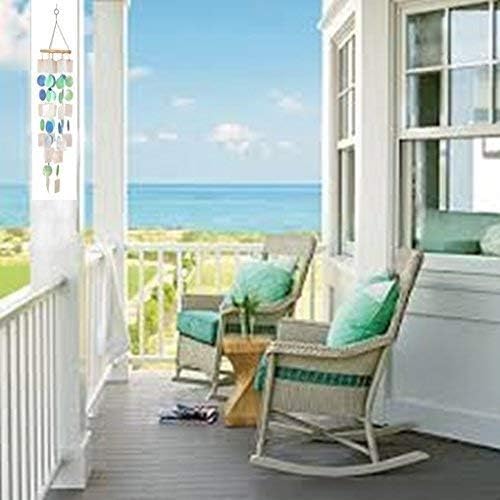 Bellaa 22906 Wind Chimes Outdoor, Garden Decorations, Musical, Indoor/Outside Windchimes, Beach, Ocean Breeze, Gifts for Mom, Gift for All Occasions, Capiz Sea Glass Shells Wood White Blue Green-Ruum Studio Home