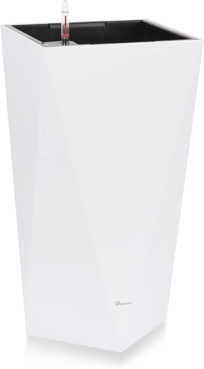 Dexceder 24 Inches Tall Self Watering Planter Diamond High Gloss Indoor Outdoor, Thickened Rhombus Large Floor Standing Flower Plant Pot with Water Level Indicator (White)-Ruum Studio Home