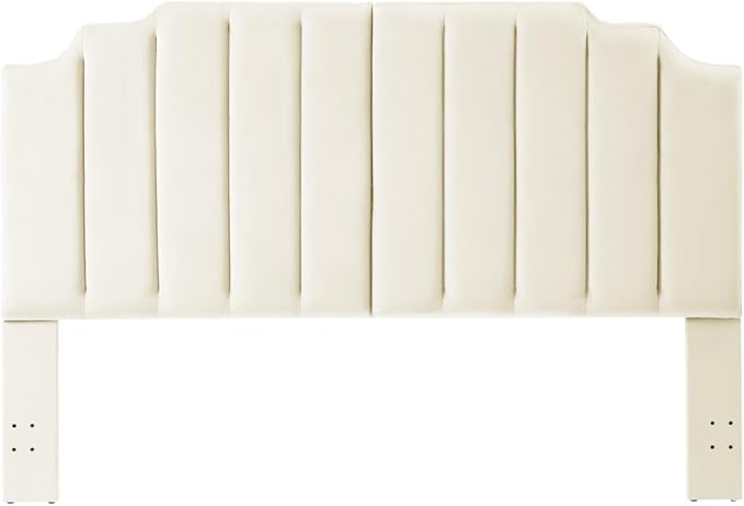 24KF Cream Velvet Tufted King Upholstered Headboard, Modern Vertical Channel Design California King Headboard with Stepped Silhouette Top Edge,Cream-Ruum Studio Home