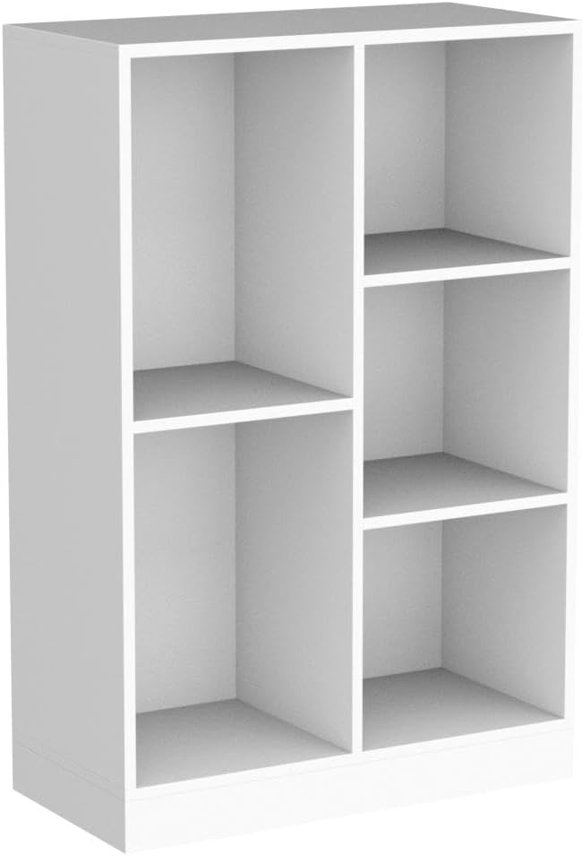 IOTXY Open Shelf Low Bookcase - Wooden 3-Tier Floor Standing Display Cabinet Organizer with Base, 5 Cubes Short Horizontal Bookshelf in Warm White-Ruum Studio Home