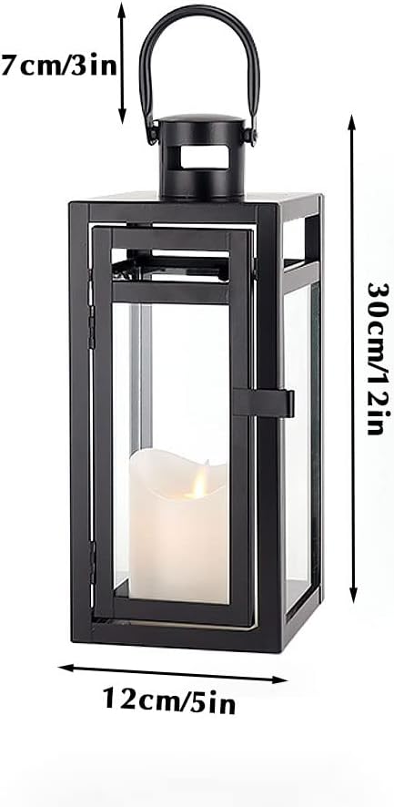 TRIROCKS Metal Candle Lantern 12'' High Decorative Outdoor Lantern Hanging Lantern with Tempered Glass for Christmas Home Decor Living Room Parties Events Tabletop Indoors Outdoors (Black Matte)-Ruum Studio Home