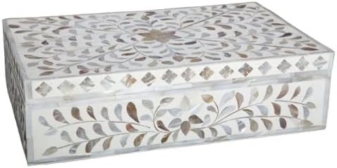 Decorative Storage Box Of Mother Of Pearl Inlay Floral Design Wooden Storage Box For Home Decoration For Living Dining & Bedroom (White_12x8x5 inch)-Ruum Studio Home