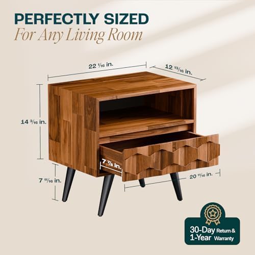 Bme Georgina Solid Wood Nightstand with 1 Drawer & Open Shelf- Fully Assembled Mid Century Modern Side Table - Geometric Pattern Bedside Dresser for Bedroom and Living Room, Dark Chocolate-Ruum Studio Home