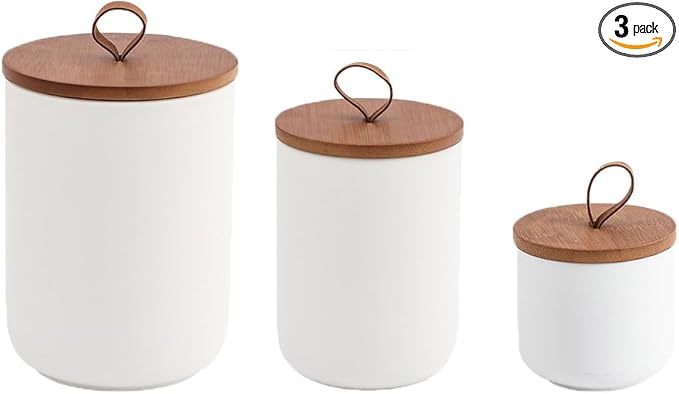 YYW Kitchen Canister Set for Countertop Set of 3, 9/28/45 oz Ceramic Food Storage Containers with Airtight Wood Lids, Food Saver Jars for Coffee, Tea, Candy, Flour(Three-piece suit in white)-Ruum Studio Home