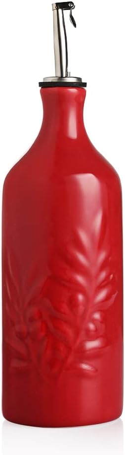 Sweejar Ceramic Olive Oil Dispenser Bottle, 20 Oz Relief Opaque Oil Cruet Protects Oil To Reduce Oxidation, Suitable for Storage Oil, Vinegar, Soy Sauce, Coffee Syrup, Liquids, Set of 1 (Red)-Ruum Studio Home