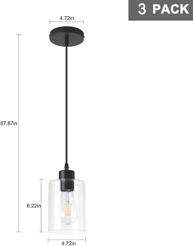 Modern Black Farmhouse Clear Glass Cylinder Pendant Light Fixture,Mini Pendant Lighting for Kitchen Island Decor - 4.75 Inch Shade, 2-58 Inch Cord (Black 3 Pack)-Ruum Studio Home