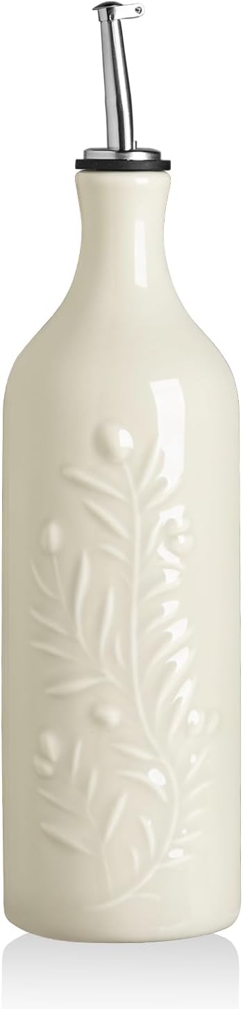 Sweejar Large Olive Oil Dispenser Bottle with Spout, 24 Oz Ceramic Oil Dispenser for Kitchen, Relief Opaque Oil Cruet, Oil Container for Cooking, EVOO, Avocado Oil, Vinegar, Pack of 1 (Beige)-Ruum Studio Home
