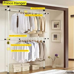 PRINCE HANGER Rack Heavy Duty One Touch System Load 352LBS Clothing Racks for Hanging Clothes Metal Closet Garment Closet system Tension Rod Free Standing Ivory Width Adjustable PHUS-0023-Ruum Studio Home
