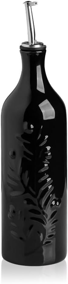 Sweejar Large Olive Oil Dispenser Bottle with Spout, 24 Oz Ceramic Oil Dispenser for Kitchen, Relief Opaque Oil Cruet, Oil Container for Cooking, EVOO, Avocado Oil, Vinegar, Pack of 1(Black)-Ruum Studio Home