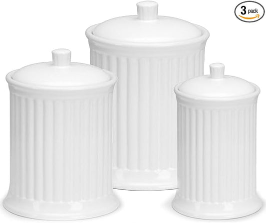 Omniware Simsbury 3-Piece Canister Set - Stoneware Kitchen Storage with Silicone-Sealed Lids, Lead-Free Glaze & Dishwasher Safe - Rustic Farmhouse-Style Flour & Sugar Containers (White)-Ruum Studio Home