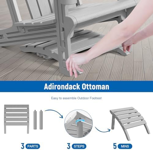 Adirondack Ottoman, All Weather Foot Rest for Adirondack Chair, HDPE Plastic Adirondack Footstool,Outdoor Footrest for Patio,Backyard, Lawn, Fire Pits,Grey-Ruum Studio Home