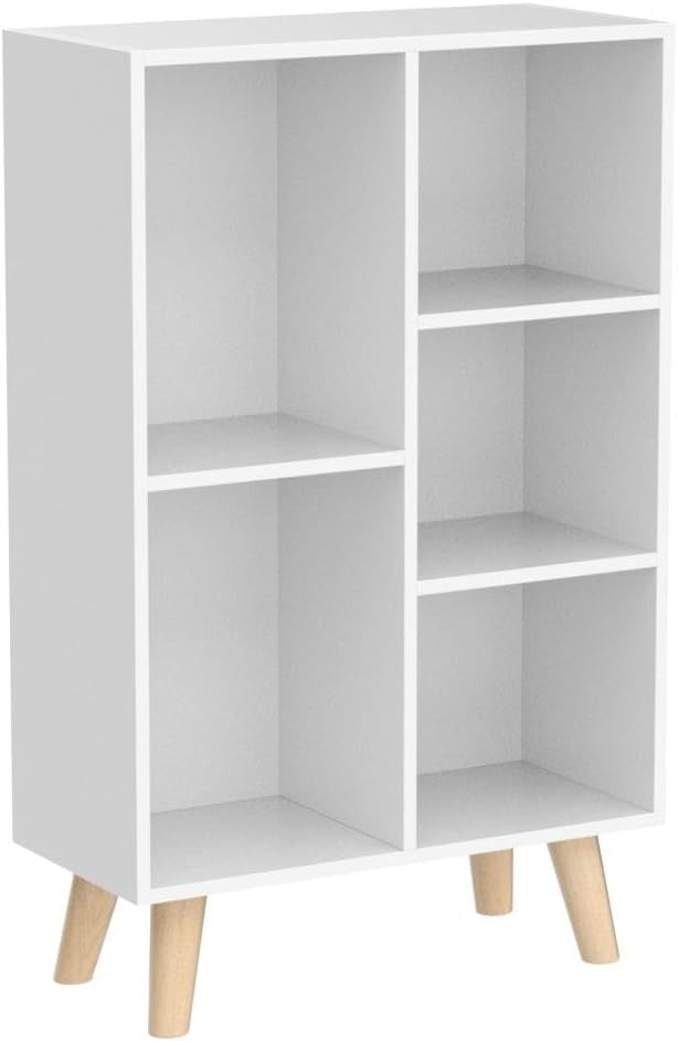IOTXY Wooden Open Shelf Bookcase - 3-Tier Floor Standing Display Cabinet Rack with Legs, 5 Cubes Bookshelf, Warm White-Ruum Studio Home