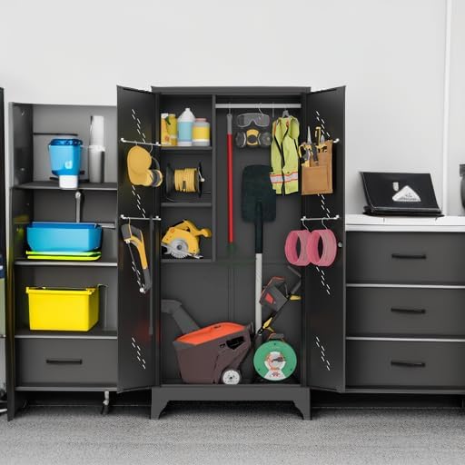 75" Metal Storage Cabinet, Tool Cabinets with Hooks, Garage Storage Cabinet with Lock, Heavy-Duty Tool Cabinet for Utility Room, Gym, Basement, Broom Closet Cabinet, Black-Ruum Studio Home