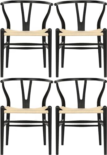 Wishbone Chair Natural Solid Wood Dining Chair/Hans Vegner Y Chair Rattan and Wood Accent Armrest Chairs (Ash Wood - Black + Natural Cord)-Ruum Studio Home