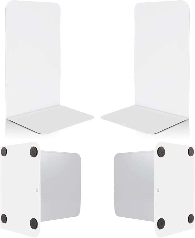 VONDERSO Metal Bookends White, 2 Pairs Metal Bookends Heavy Duty for Shelves Decor Home Office, Unique White Book Ends Supports Anti-Slip for Kids Girls-Ruum Studio Home