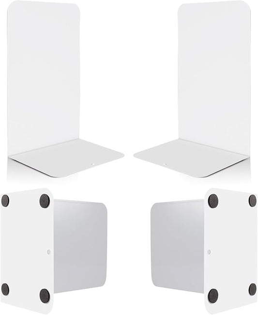 VONDERSO Metal Bookends White, 2 Pairs Metal Bookends Heavy Duty for Shelves Decor Home Office, Unique White Book Ends Supports Anti-Slip for Kids Girls-Ruum Studio Home