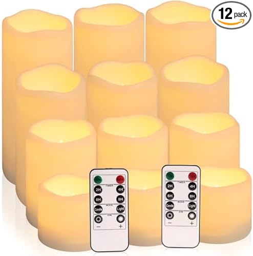 Flameless Battery Operated Outdoor Waterproof Set of 12(D: 3" x H: 3" 4" 5" 6") Pillar LED Candles with 10-Key Remote and Cycling 24 Hours Timer-Ruum Studio Home