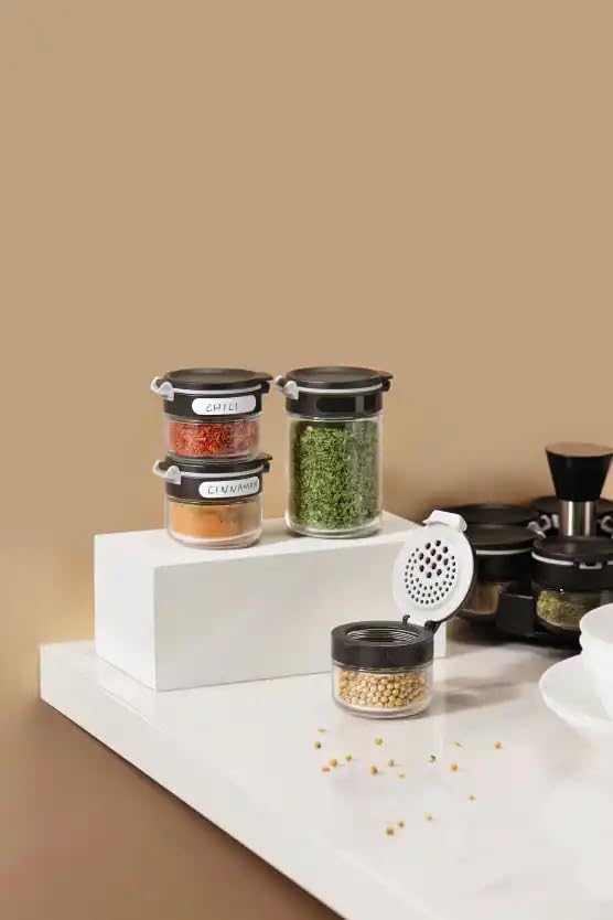 360 rotating 2 tier jars spice rack (6 small 6 large spice jars) Revolving Seasoning Organizer. Spinning Spice Rack for Counter top and Cabinet WITH Custom Label Stickers.-Ruum Studio Home