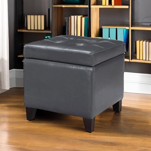 Adeco Bonded Leather Square Tufted Cubic Cube Storage Footstool, 18" Inch Ottomans & Storage Ottomans, With Lid, Dim Gray-Ruum Studio Home
