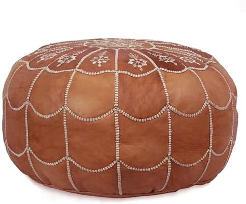 Stuffed Arch Design Moroccan Leather Pouf Ottoman, Handmade, Pre-Filled, 100% Genuine Leather, 14” Height x 22” Diameter – Boho Chic Footstool & Living Room Décor (Dark Tan)-Ruum Studio Home