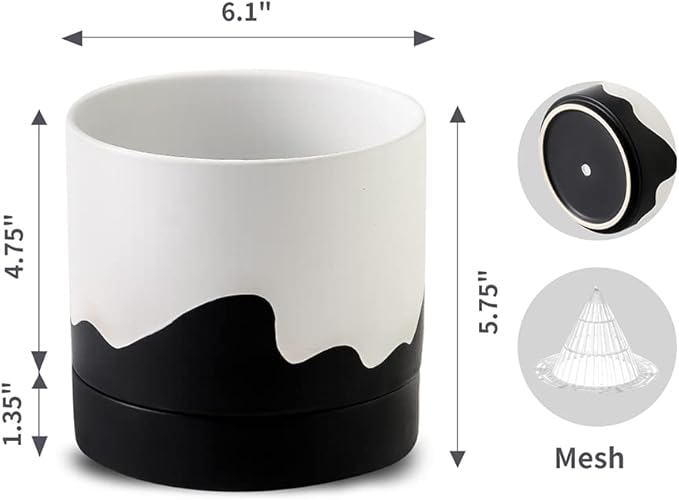 Nihow Ceramic Plant Pot: 6 Inch Planter with Drainage Hole & Saucer for Indoor & Outdoor Plants - Cylinder Round Flower Pot for Succulent/Herbs/Violets - White & Wave Black-Ruum Studio Home