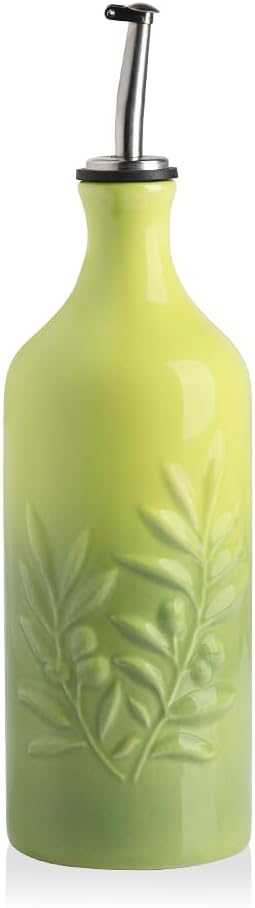 Sweejar Ceramic Olive Oil Dispenser Bottle, 20 Oz Relief Opaque Oil Cruet Protects Oil To Reduce Oxidation, Storage Oil, Vinegar, Soy Sauce, Coffee Syrup, Liquids, Set of 1 (Gradient Green)-Ruum Studio Home