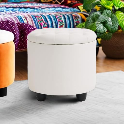 Furniliving Upholstered Button Tufted Round Ottoman, PU Storage Ottoman Round, Removable Lid Convenient Footstools, Classic Ottoman with Storage for Vanity, Nursery Room，IvoryWhite-Ruum Studio Home