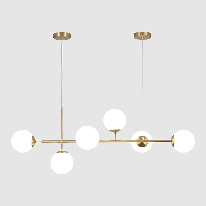 KCO Lighting Modern Globe Linear Chandelier 6 Light Milk Glass Chandeliers White and Gold Pendant Light Fixture Mid Century Rectangle Chandelier Brass Sputnik Island Lights for Kitchen-Ruum Studio Home