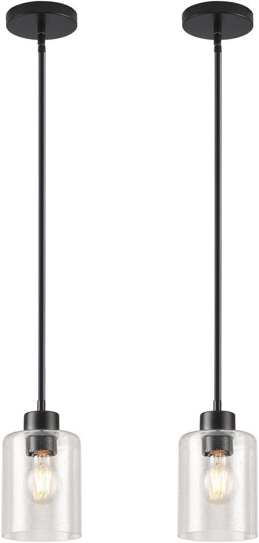 Black Pendant Lights Kitchen Island - Seeded Glass Pendant Light Fixture Multiple Stems Rods 3 Units 12 Inch 3 Units 4 Inch (2 Pack Black Seeded Downrod)-Ruum Studio Home