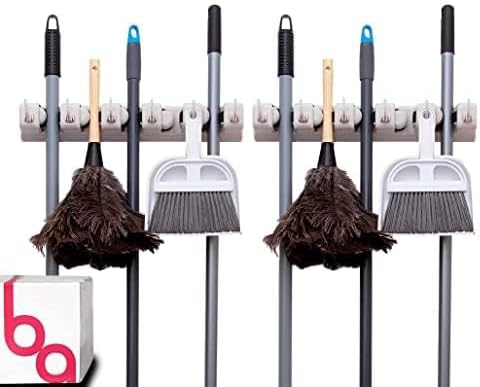 Berry Ave Broom Holder & Wall Mount Garden Tool Organizer- Kitchen, Closet, Garage & Laundry Room Storage With 5 Slots And 6 Hooks- Wall Holder For Broom, Rake & Mop Handles Up To 1.25” [Beige 2-Pack]-Ruum Studio Home