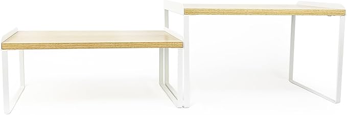 Mitus Shelf Organizer and Storage, Stackable Tiered Wood Cabinet Rack for Countertops, Desktops, Cabinets (Set of 2) 16" Wide Natural Oak and White-Ruum Studio Home