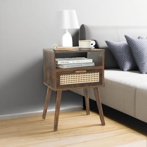 MaxSmeo Mid Century Nightstand, Rattan Side Table with Drawer, Wood Modern Bedside Table for Bedroom, Living Room and Small Spaces (Rustic Brown)-Ruum Studio Home