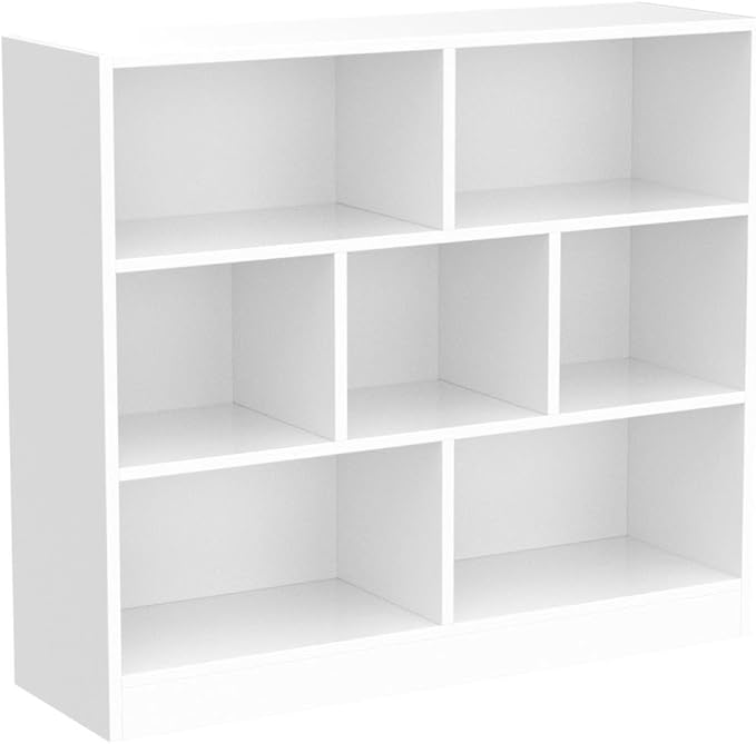 IOTXY Open Shelf Low Bookcase - Wooden 3-Tier Floor Standing Display Cabinet Organizer with Base, 7 Cubes Short Horizontal Bookshelf in Warm White-Ruum Studio Home