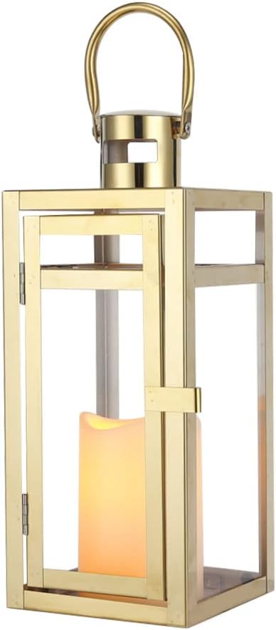 TRIROCKS Stainless Steel Decorative Lantern 12'' High Metal Candle Holder Outdoor Candle Lantern with Tempered Panels for Christmas Home Decor Living Room Parties Events Tabletop Indoor Outdoor (Gold)-Ruum Studio Home