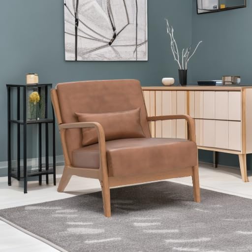 INZOY Mid Century Modern Accent Chair with Wood Frame, PU Leather Reading Armchair with Waist Cushion, Upholstered Living Room Chairs for Bedroom Sunroom (Camel)-Ruum Studio Home