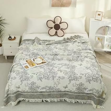 Boho Muslin Blanket for Adults 4-Layer Gauze Twin Size Soft Cozy 100% Cotton Summer Cooling Blanket Floral Decor for Sofa Bed Coverlet Both Sides (Tassels Floral Grey, 80 x 90 in)-Ruum Studio Home