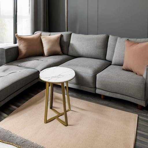 Round End Tables, Small Side Table White Marble Texture MDF Top,Metal Frame Gold Color, Tall End Table for Bed Room,Coffee Tea End Table for Living Room (White Marble+Gold)-Ruum Studio Home