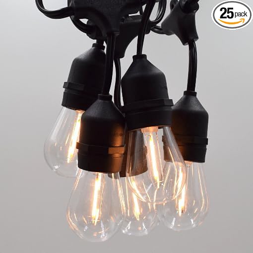 Hometown Evolution, Inc. E26 Outdoor Commercial String Lights with Suspended Socket for Weatherproof Heavy Duty Vintage Outside Lighting (S14 LED Plastic, 50 Foot 25 Socket)-Ruum Studio Home