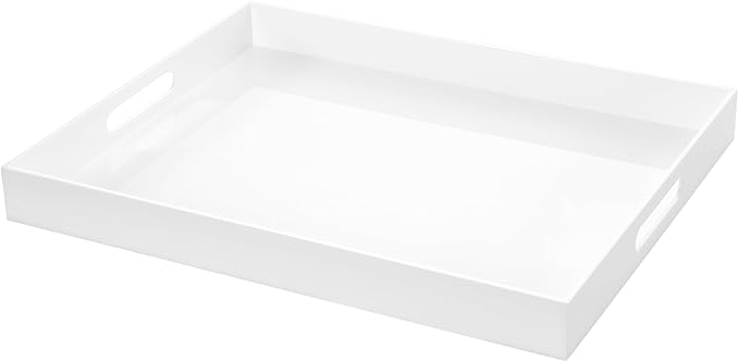 White Rectangular 16x20 Inches Acrylic Ottoman Tray Decorative Serving Tray with Cutout Handles Organizer Tray on Coffee Table Countertop Big Breakfast Bed Tray Living Room Appetizer Serving Food-Ruum Studio Home