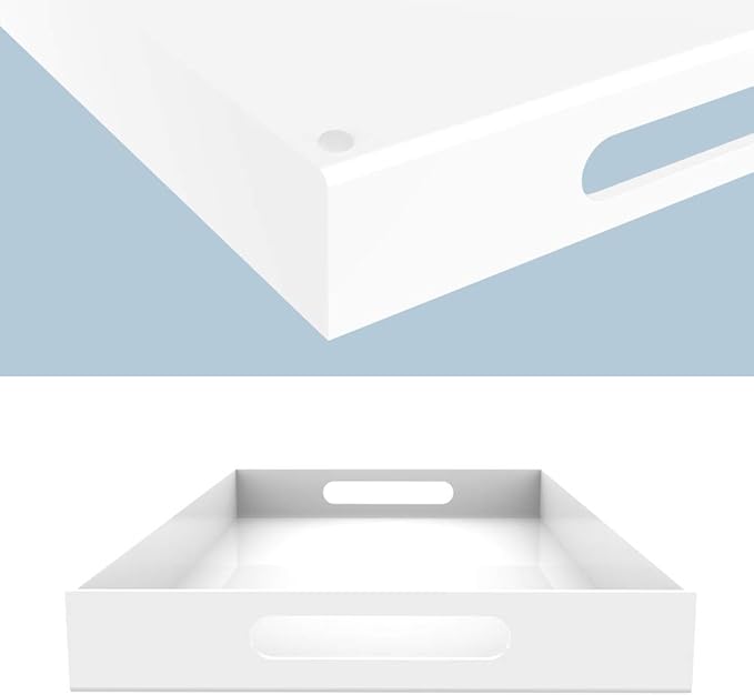 White Acrylic Serving Tray for Vanity, Bathroom, Outdoor, Food and Décor with Handles (Rectangle, Small)-Ruum Studio Home