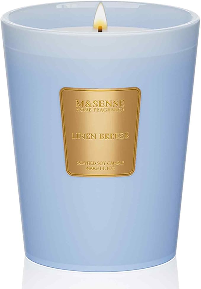 M&SENSE Linen Breeze Scented Natural Soy Wax Candle, 14.1oz 60 Hours Long Lasting Slow Burning Candles for Home Decor, Aromatherapy Candle for Stress Relief-Ruum Studio Home
