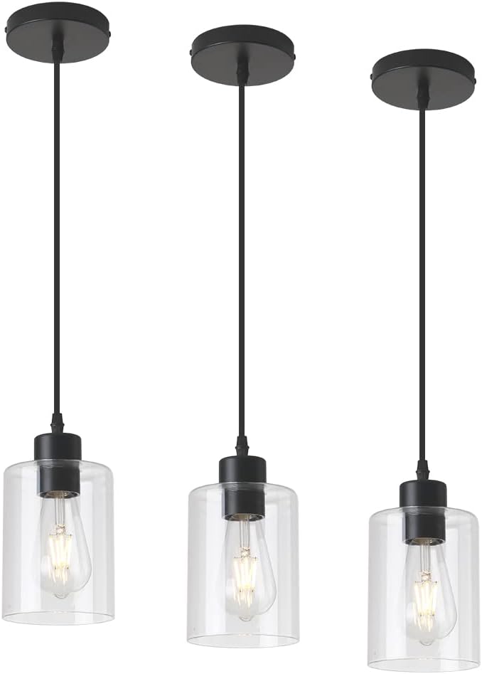 Modern Black Farmhouse Clear Glass Cylinder Pendant Light Fixture,Mini Pendant Lighting for Kitchen Island Decor - 4.75 Inch Shade, 2-58 Inch Cord (Black 3 Pack)-Ruum Studio Home