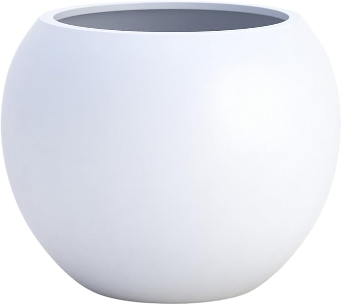 DTY Signature Mount Sherman Lightweight Durable Modern Fiberstone Sphere Planter for Indoor & Outdoor Drainage Hole & Rubber Plug Weather Resistant, 13.5" H x 17" Dia, 12" Opening - Medium, White-Ruum Studio Home