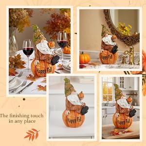 Topadorn Fall Garden Gnome Figurine Sitting on Pumpkin Statue Autumn Harvest Garden Gnomes Statue Figurine for Patio Yard Lawn Porch Decoration, Happy Fall-Ruum Studio Home