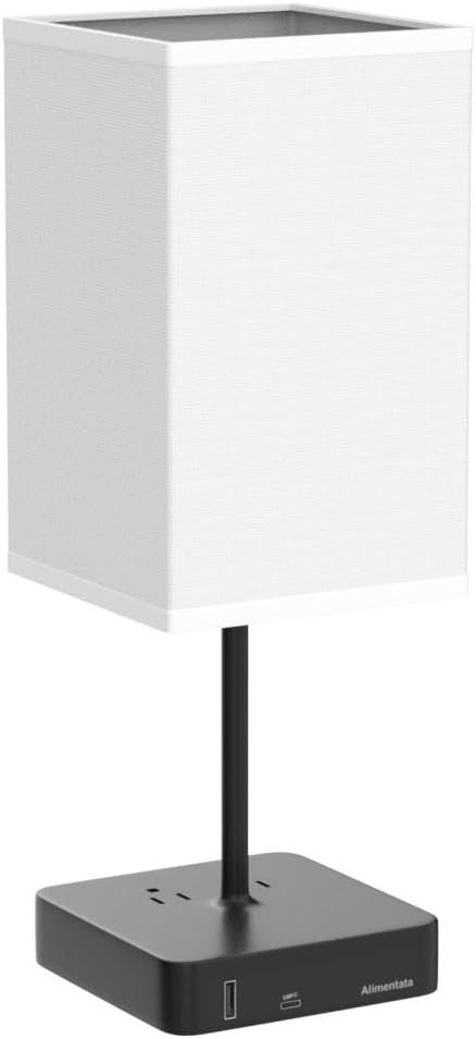 Bedside Table Lamp with Touch Control & USB C+A Charging Ports LED Desk Lamp with 2 AC Outlets, Minimalist Nightstand Light with Black Fabric Shade for Bedroom, Living Room, Office, White-Ruum Studio Home