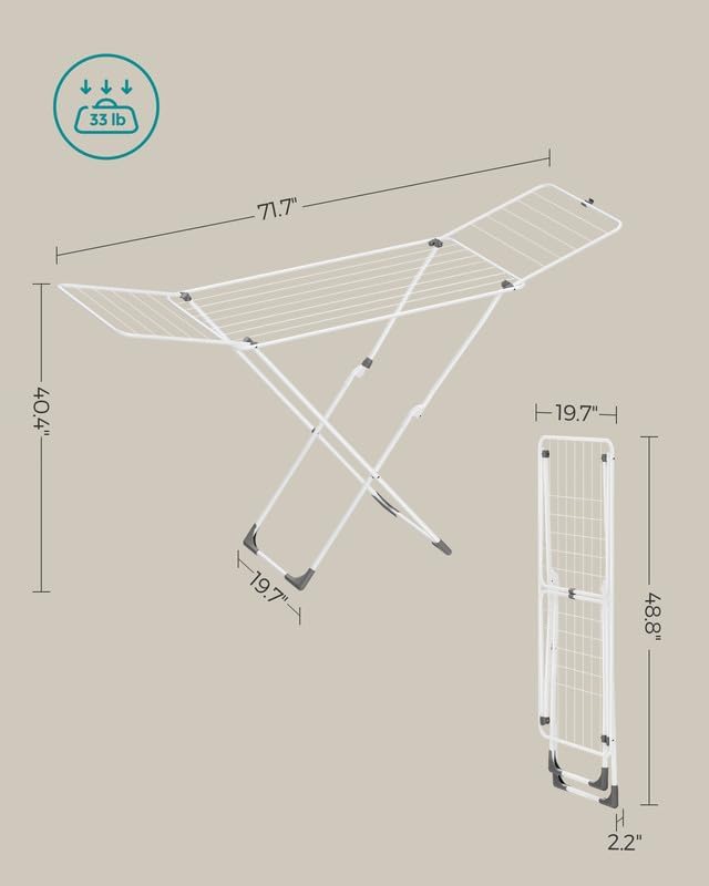 SONGMICS Clothes Drying Rack, Metal Laundry Drying Rack, Foldable, Space-Saving, Free-Standing Airer, with 2 Gullwings, Indoor Outdoor Use, Bed Linen Clothing, White ULLR540W01-Ruum Studio Home