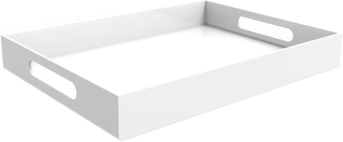 White Acrylic Serving Tray for Vanity, Bathroom, Outdoor, Food and Décor with Handles (Rectangle, Small)-Ruum Studio Home