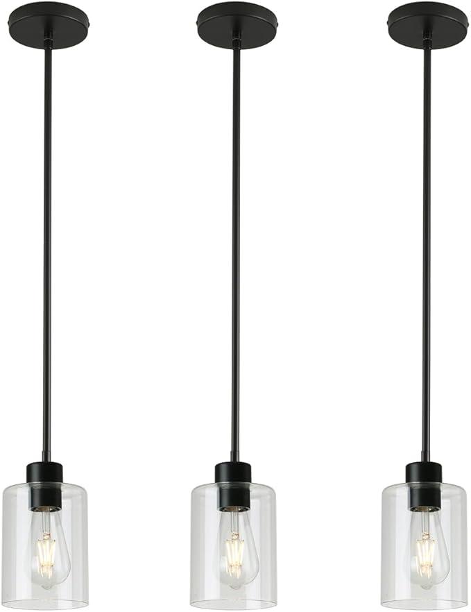 Black Pendant Lights Kitchen Island - Clear Glass Pendant Light Fixture Multiple Stems Rods 3 Units 12 Inch 3 Units 4 Inch (Black 3 Pack Stem Rod)-Ruum Studio Home