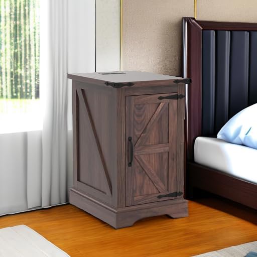 JXQTLINGMU Nightstand with Charging Station, Rectangular Farmhouse End Table with Barn Door and Adjustable Storage Shelf, 17" Deep Wood Rustic Sofa Side Table for Living Room, Bedroom, Brown-Ruum Studio Home
