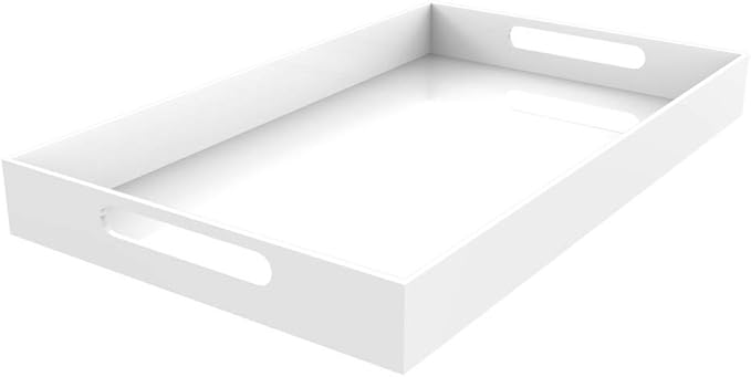 White Acrylic Serving Tray for Vanity, Bathroom, Ottoman, Organizer and Décor with Handles (Rectangle, Large)-Ruum Studio Home